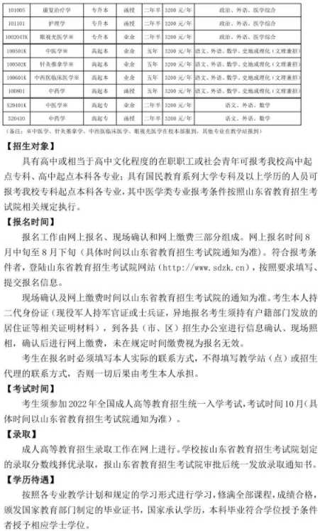 山東中醫藥大學2022年成人高等教育招生簡章