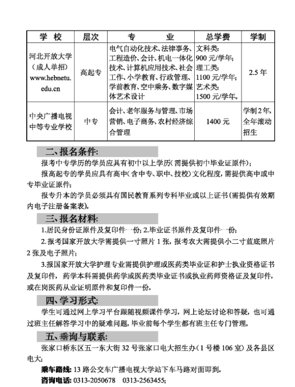 張家口開放大學（崇禮校區）2021年春季招生簡章