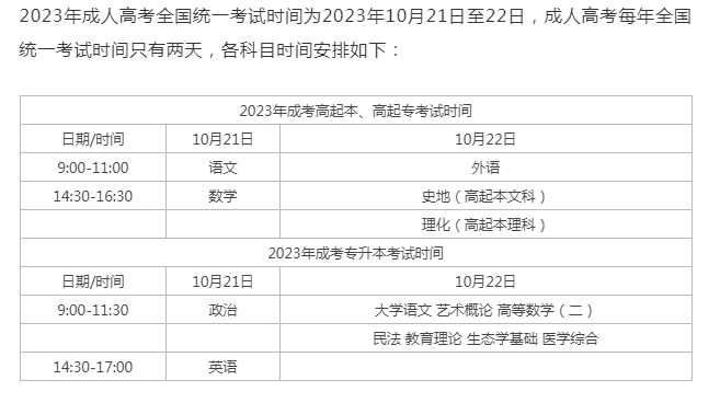 成人高考今年考試時間？