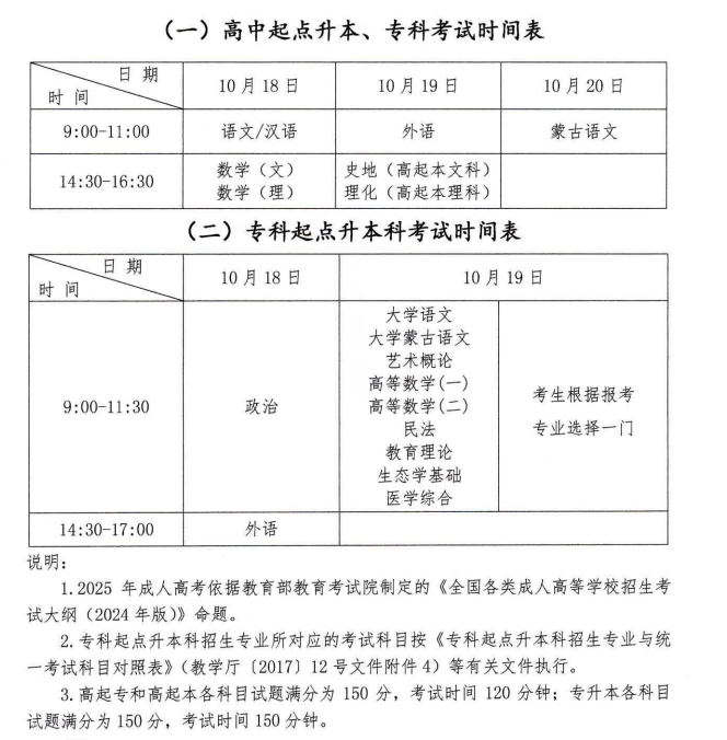 2025年內蒙古成人高考考試時間：10月18日至10月19日