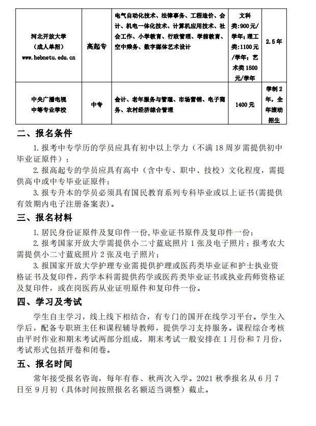張家口開放大學（張北校區）2021年秋季招生簡章