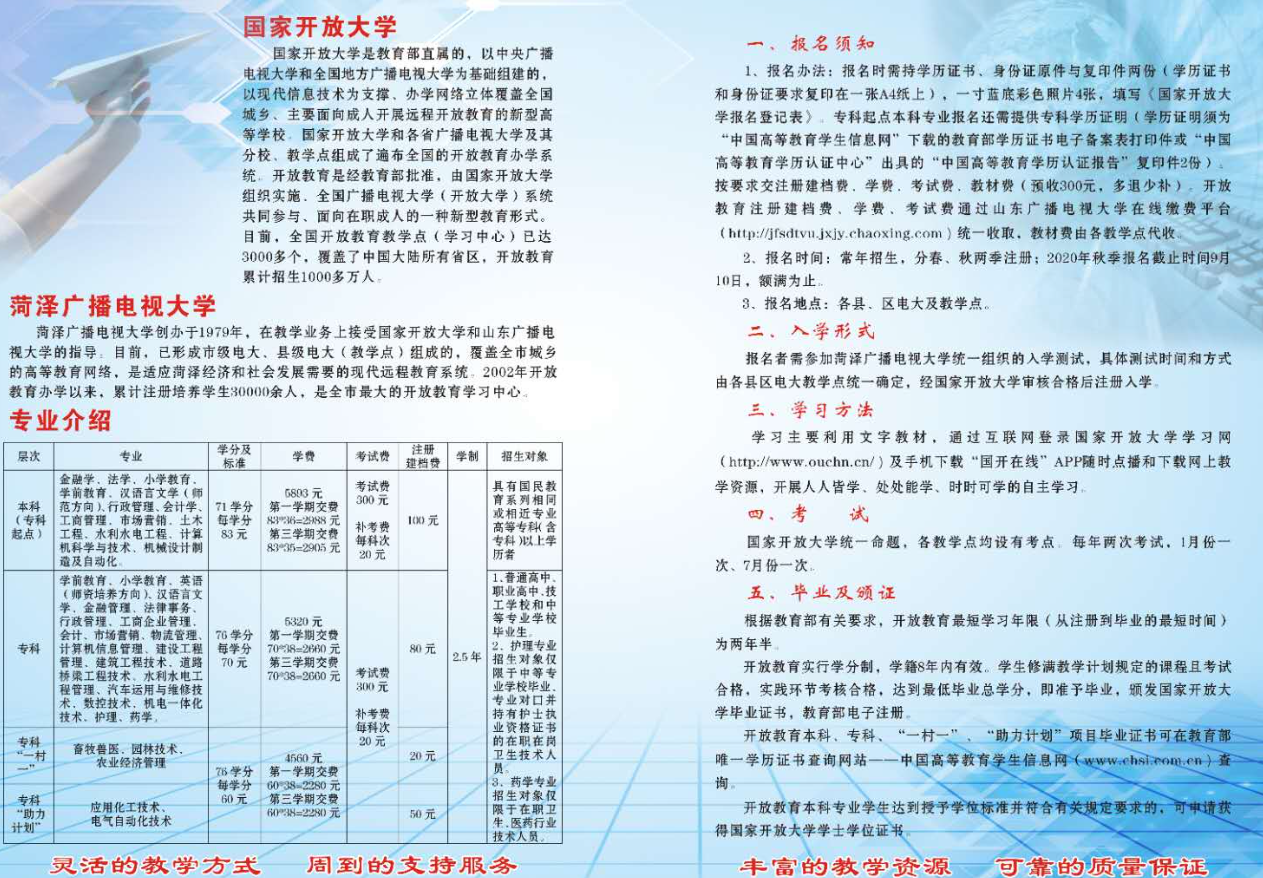 山東菏澤開放大學2020年秋季招生簡章