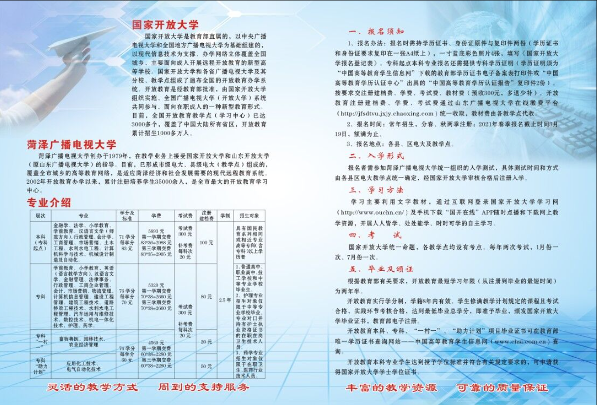 山東菏澤開放大學2021年春季招生簡章