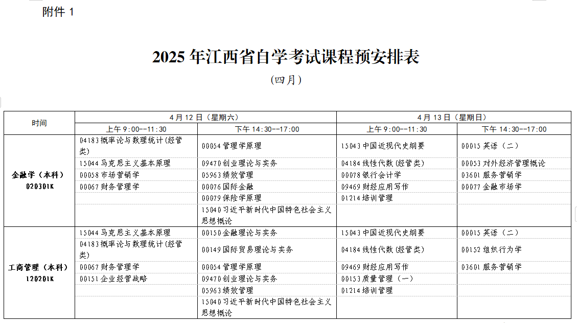 2025年4月江西省自考考試安排