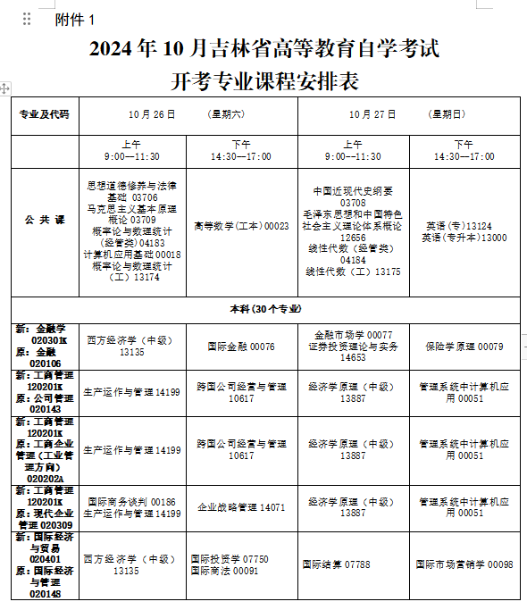 2024年10月吉林省自學考試考試安排