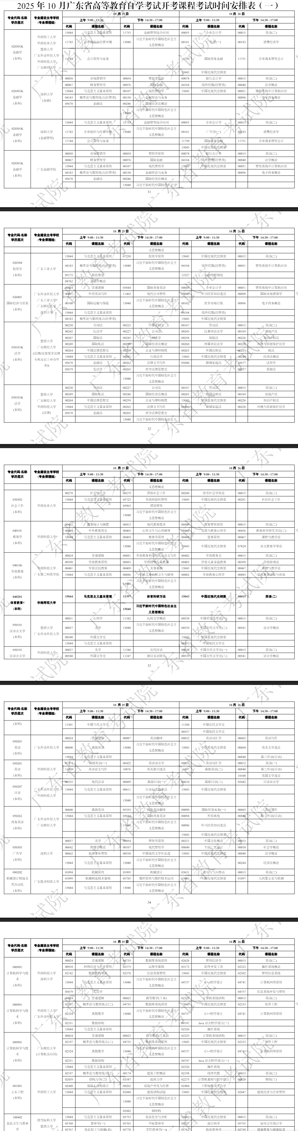 2025年10月廣東省自學考試考試安排