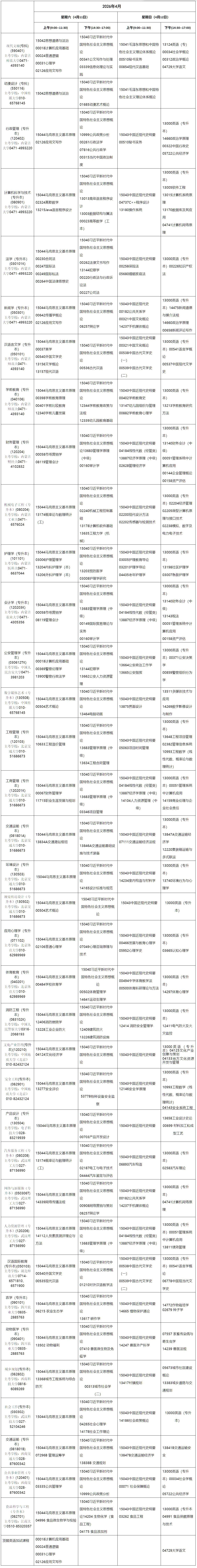 2026年4月內蒙古自學考試考試安排