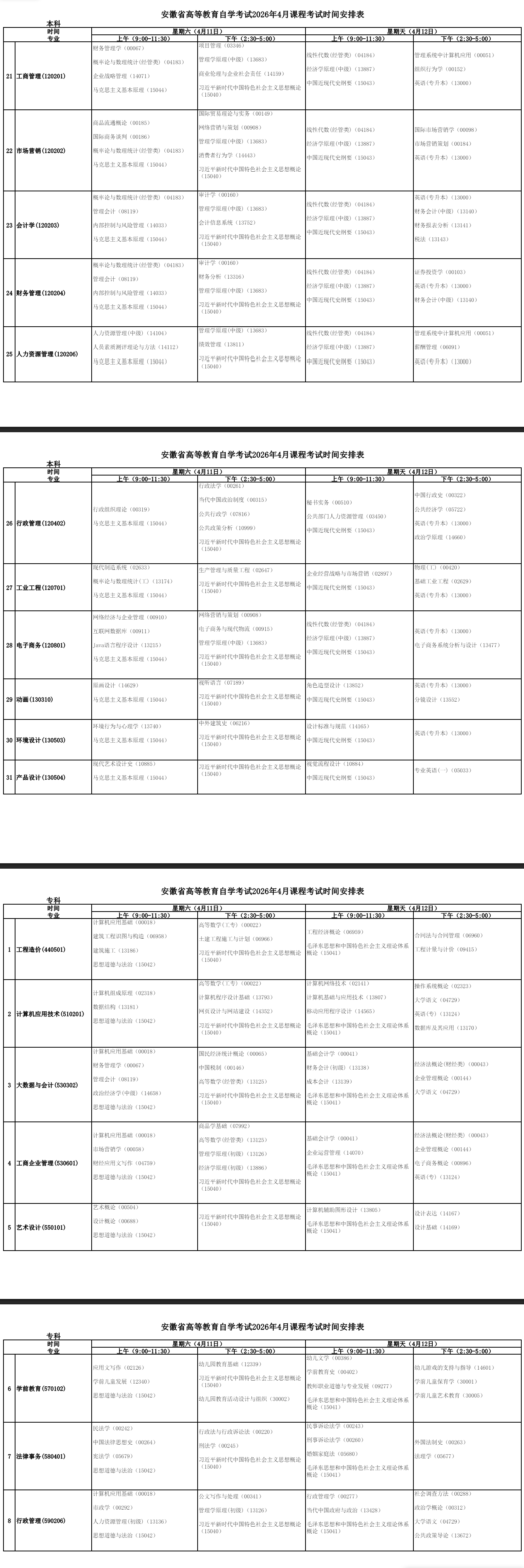 2026年4月安徽省自考考試安排 2026年4月安徽省自考考試安排