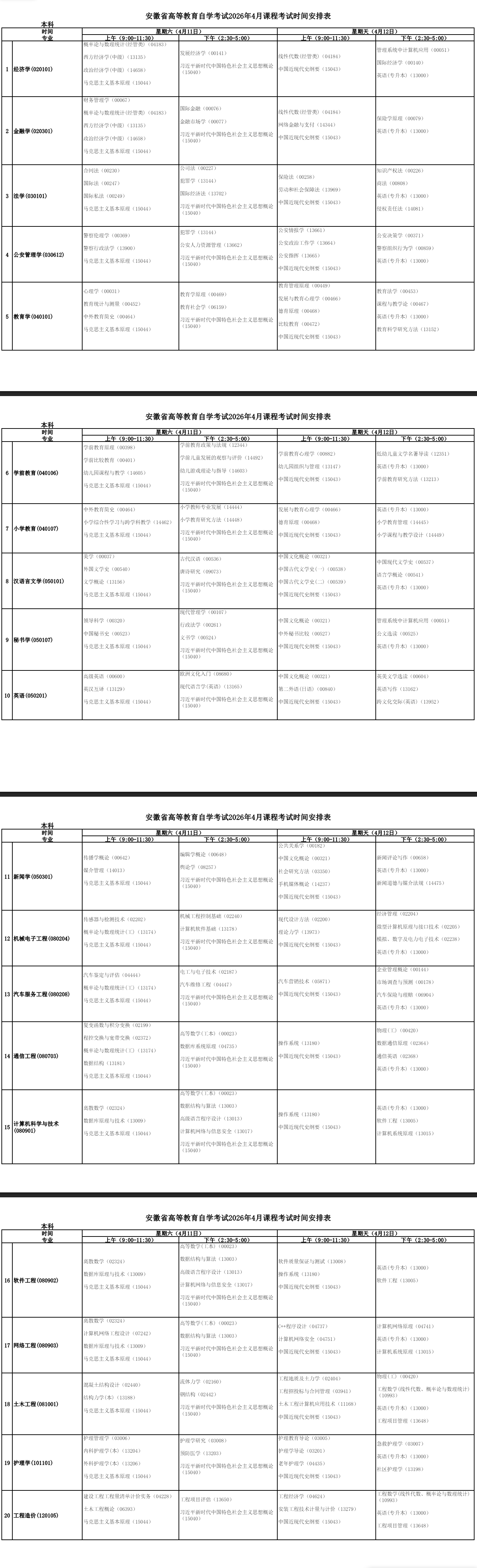 2026年4月安徽省自考考試安排 2026年4月安徽省自考考試安排