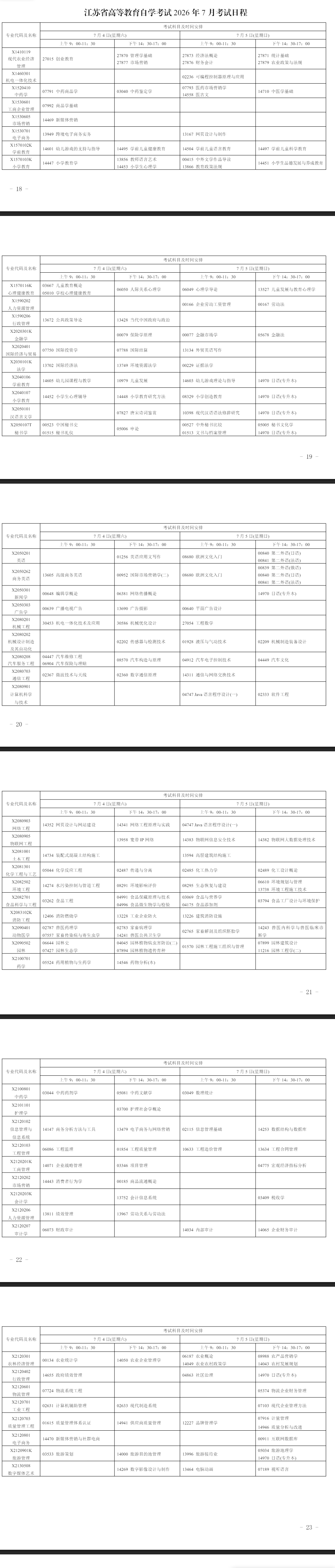 2026年7月江蘇省自學考試考試安排